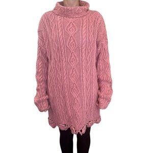 Vintage Yarnworks Handknit Dusty Rose Pink Tunic Turtleneck Sweater Crochet XL